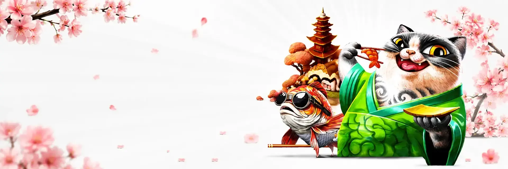 Sushi Casino Sushi Casino online banner with cat and fish mascots, Japanese pagoda and cherry blossom decorations