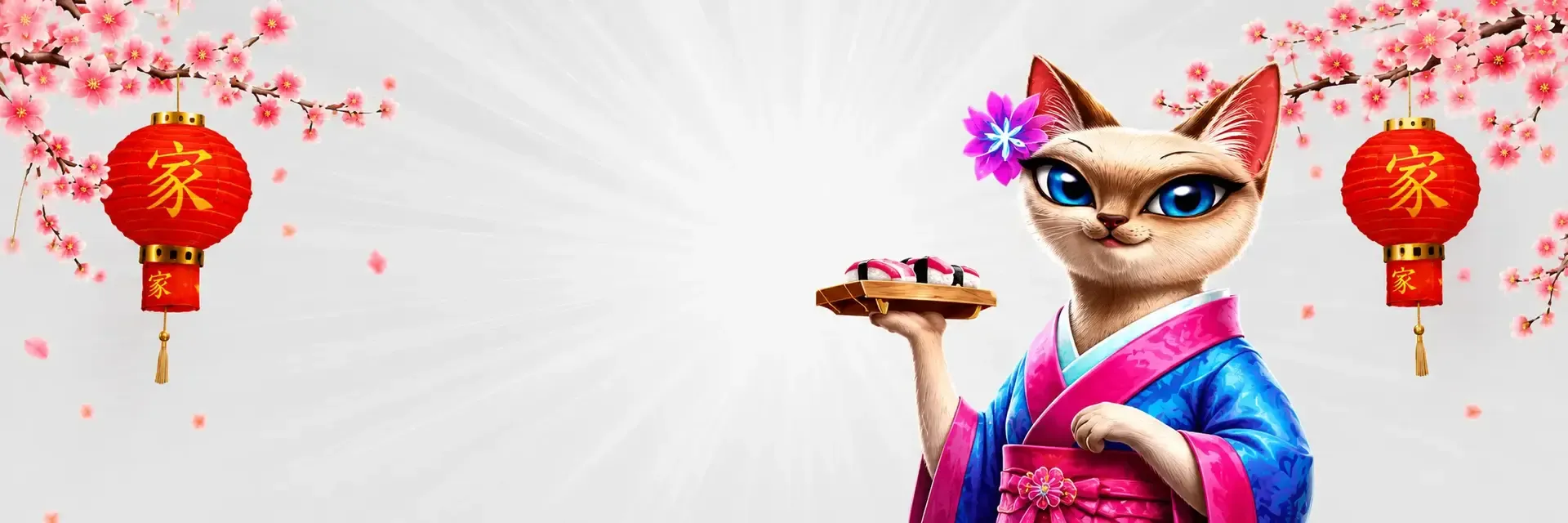 Sushicasino mascot banner with sakura blossoms and Japanese-themed design